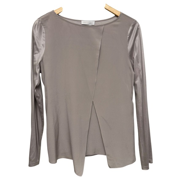 St Emile 100% Silk Long Sleeve Top Asymmetrical Front Blouse Elegant Taupe US 6‎ - Picture 1 of 7